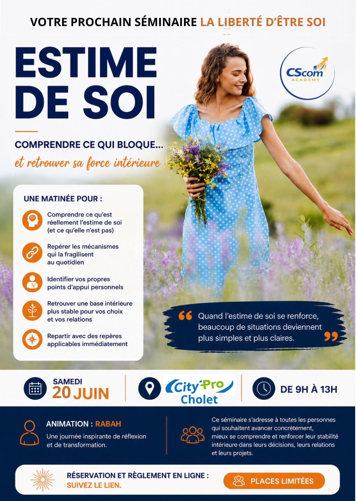 affiche qui détail le contenu du séminaire du 20 juin 2026 à Cholet donné par cscom academy